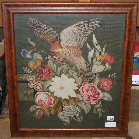 Berlin woolworked flowers & bird in maple frame